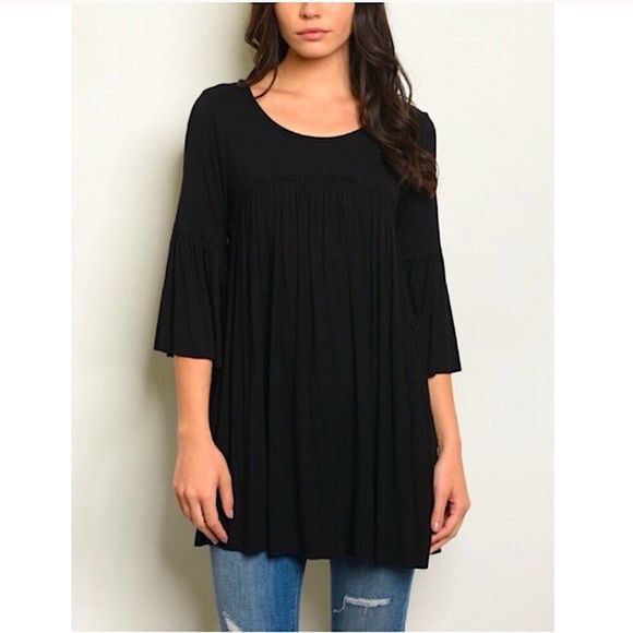 Black 3/4 Sleeve Bell Sleeve Empire Waist Tunic S-M-L - Picture 1 of 13